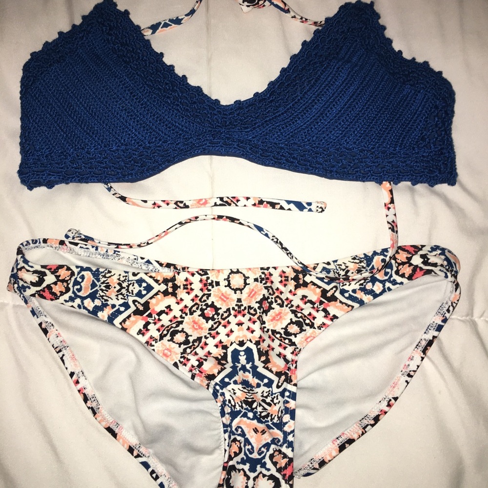 Blue and floral print bikini set